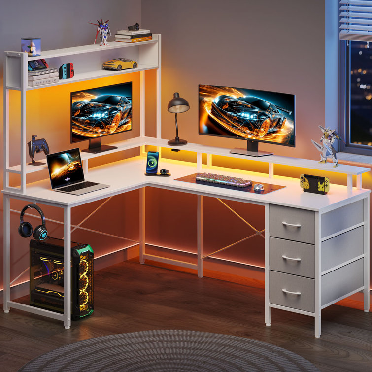 Milya L Shaped Gaming Desk with Drawers, Reversible Office Desk with Hutch  and Monitor Shelf